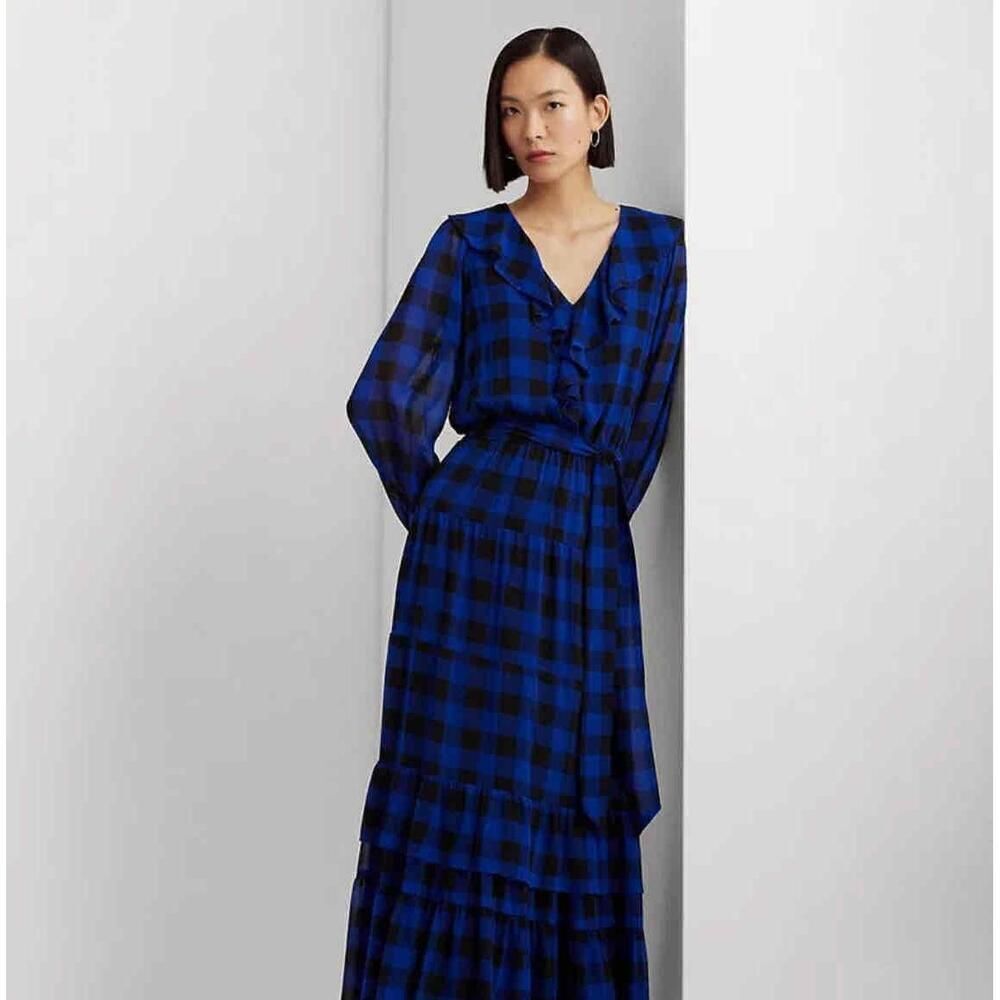 NWT Emily LoveLock LRL Holiday 23 Blue Long Sleeve Plaid Maxi Dress 0